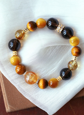 网红爆款金霸 明星同款 天然黄水晶搭配金虎眼黄虎眼石原创手链