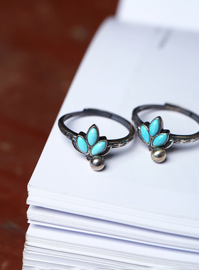 天然湖北原矿绿松石纯银复古托镶嵌款戒指 女款绿松石手饰饰品