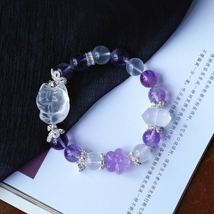 女款 水晶金霸手串饰品 手链 天然紫水晶搭配白水晶小狐狸原创款