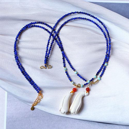 猛犸象牙玉兰花搭配青金石链吊坠