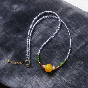 天然蜜蜡圆珠搭配白水晶珠链原创款吊坠锁骨链 女款颈链饰品礼物