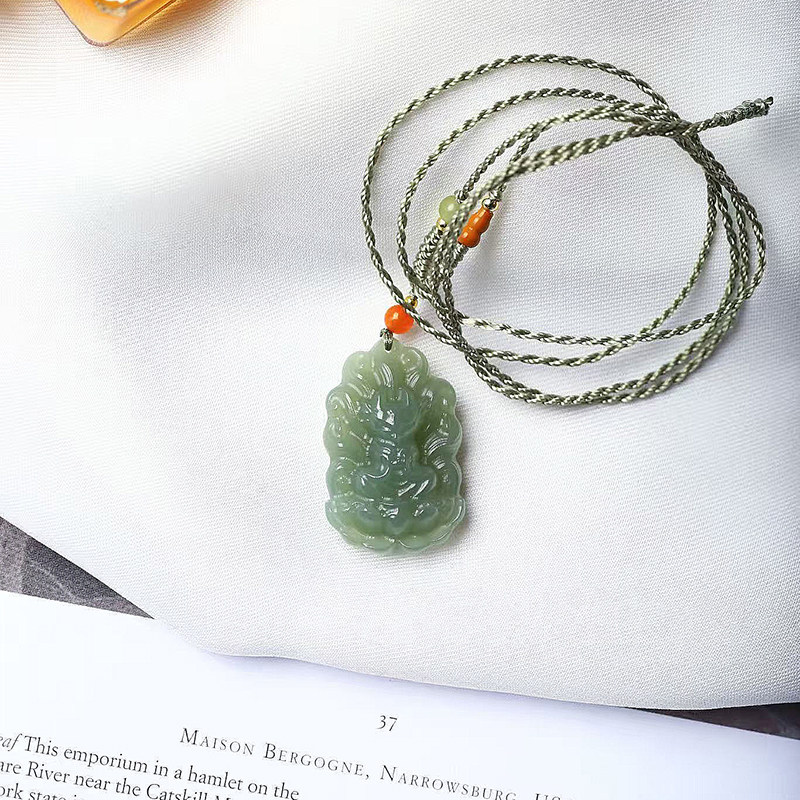 天然和田玉青海料青玉雕刻狐仙款吊坠 女款玉石九尾狐挂坠饰品