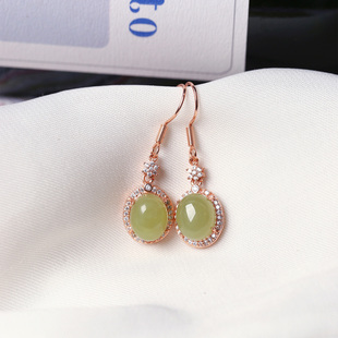 玉石耳饰品礼物 女款 天然和田玉蛋面耳坠纯银镶嵌镶钻款 耳钩耳坠