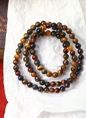 精品天然彩虎眼石三圈手链蓝虎眼红虎眼黄虎眼多圈男女款饰品