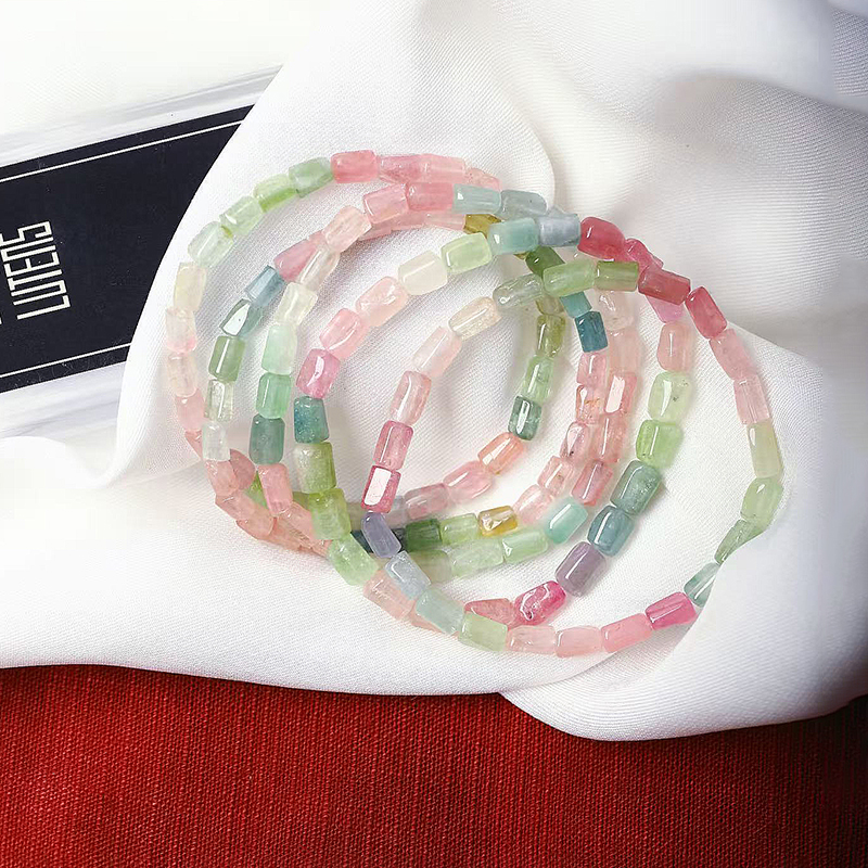 天然马卡龙色碧玺随形珠款手链 女款水晶糖果色碧玺手串饰品