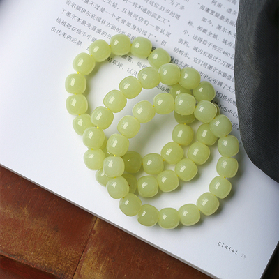 精品 天然和田玉新疆若羌黄口料老型珠手链 男女高端玉石黄玉手串