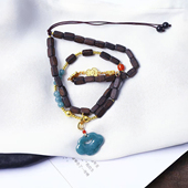 女款 天然A货翡翠危料蓝水如意锁搭配沉香木珠链原创款 吊坠毛衣链