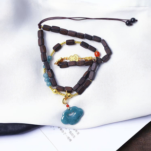 女款 天然A货翡翠危料蓝水如意锁搭配沉香木珠链原创款 吊坠毛衣链