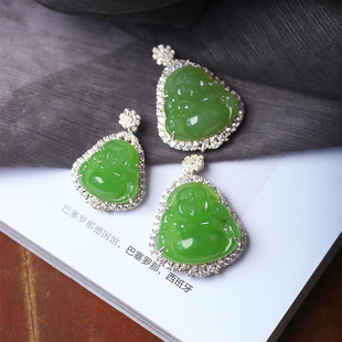 天然俄罗斯碧玉苹果绿色弥勒佛纯银镶嵌吊坠女款玉石佛公挂坠饰品