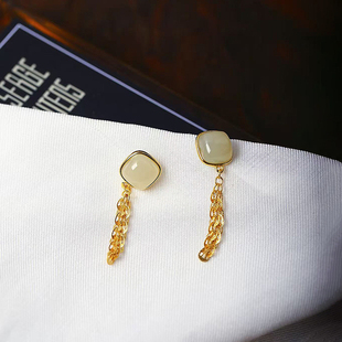 玉石耳钉饰品礼物 女款 天然和田玉青玉纯银镶嵌凤尾流苏款 耳钉