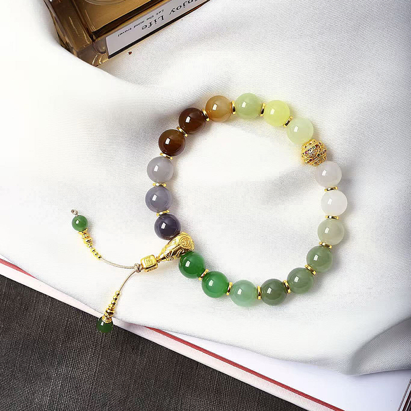 精品毕业 天然和田玉多宝色渐变色圆珠原创款手链 男女款玉石手链