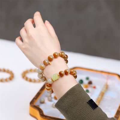 精品 天然和田玉新疆且末糖聚宝盆圆珠手链 男女高端玉石手串HN