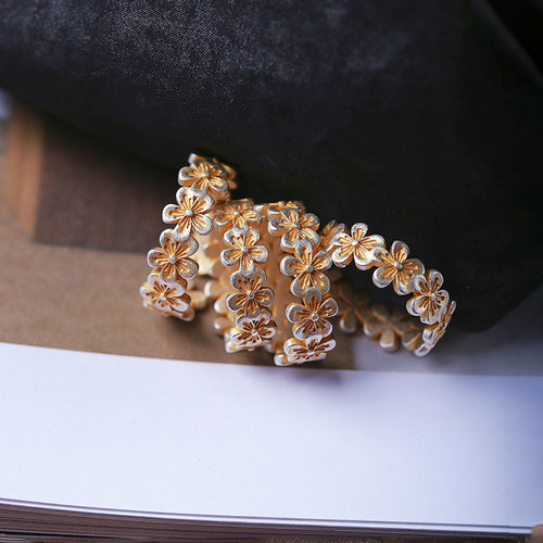 足银描金桃花开口款戒指 男女款个性款足银戒指时尚款戒指饰品