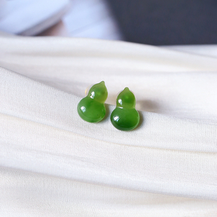 玉石简约款 女款 耳饰礼物 耳钉 天然俄罗斯碧玉小葫芦18K金针镶嵌款