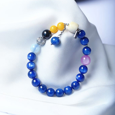 天然水晶蓝晶石圆珠原创搭配款手链女款蓝色系时尚款手串饰品礼物