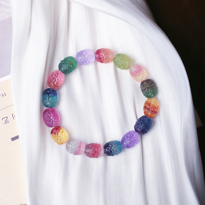 水晶彩萤石雕刻回纹桶珠款手链