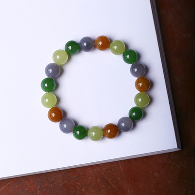 精品 天然和田玉多宝手链烟紫碧玉糖料黄口搭配男女款玉石手串