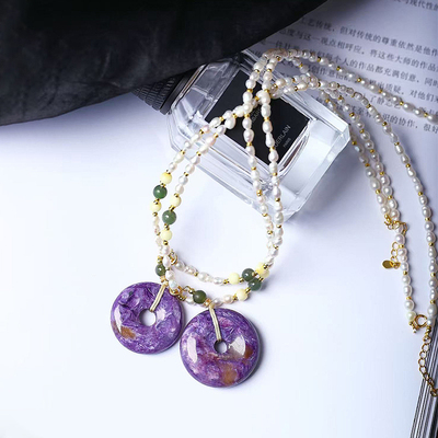 特价天然紫龙晶平安扣款吊坠 女款原创设计淡水珍珠蜜蜡碧玉项链