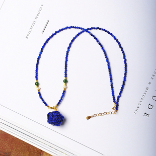 天然阿富汗青金石刻面小米珠牡丹花项链 女款可调节锁骨链吊坠