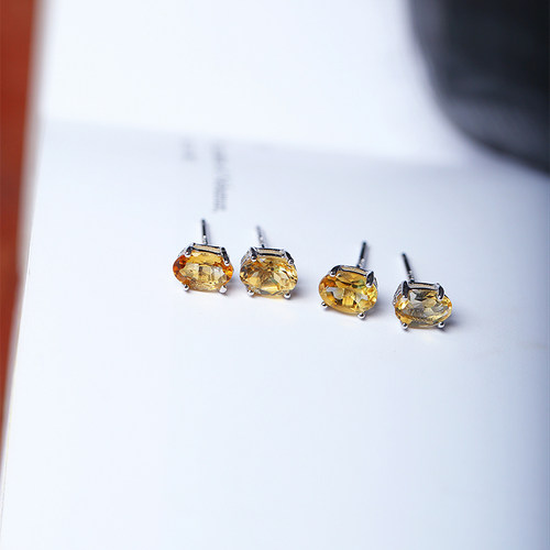 精品彩宝 天然水晶黄水晶耳钉迷你女款925银镶嵌耳饰饰品