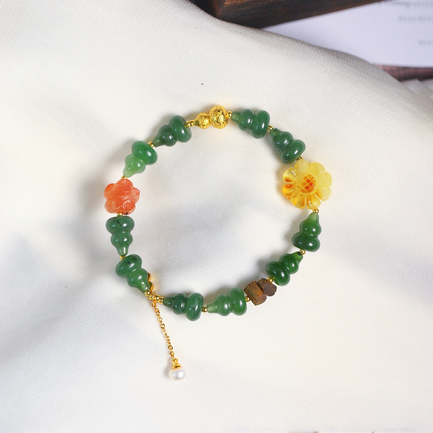 天然俄罗斯碧玉雕刻小葫芦原创搭配单圈手链 女款玉石手串饰品