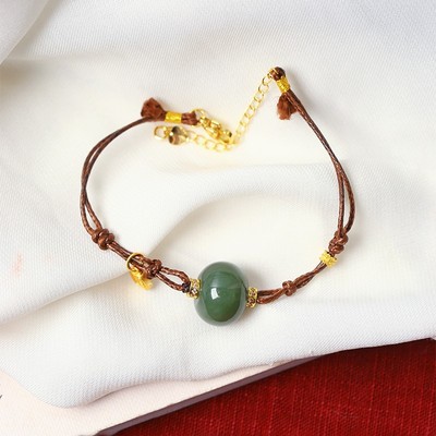 天然和田玉青玉老油青盘珠原创编织款蜡质皮绳手链 女款玉石饰品