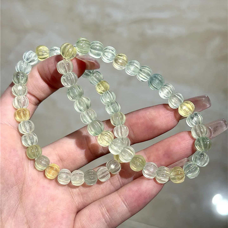 天然水晶葡萄石冰透荧光体多宝色南瓜珠款单圈手链 女款手串饰品