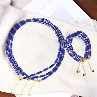 天然阿富汗老矿青金石桶珠原创款项链手链套装女款水晶锁骨链饰品