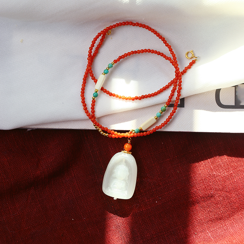 天然和田玉白玉雕刻宝宝佛搭配南红链子原创款吊坠毛衣链女款挂坠