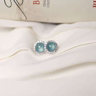 翡翠精工银耳饰品 女款 天然A货翡翠危料蓝水圆蛋面纯银镶嵌款 耳钉