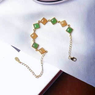 天然和田玉碧玉糖料方块纯银镶嵌款手链女款玉石简约款银手链饰品