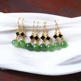 耳饰 天然俄罗斯碧玉圆珠纯银钩镶嵌款 耳钩款 耳坠女款 玉石四叶草款