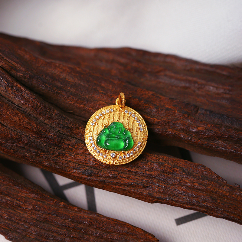 天然A货翡翠危料帝王绿弥勒佛纯银镶嵌款吊坠 女翡翠佛公挂坠饰品