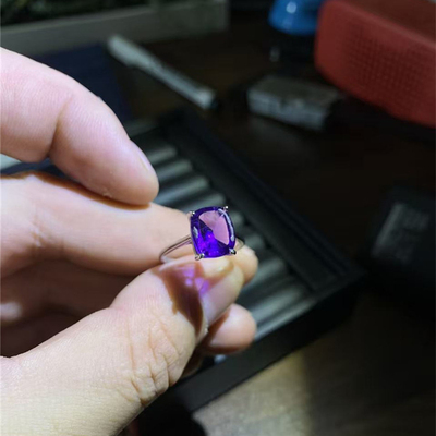 精品彩宝天然水晶紫水晶纯银镶嵌戒指圈口可调节女款水晶指环饰品