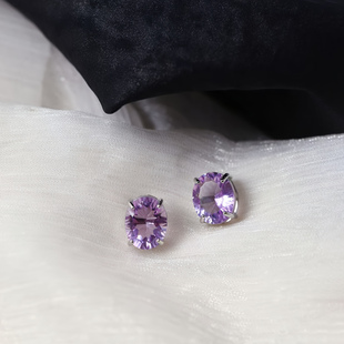 天然玻利维亚紫水晶椭圆形耳钉刻面纯银镶嵌款 水晶气质简约 女款