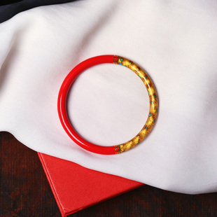 特价清货 原矿朱砂精品红砂非遗传承大漆珐琅彩孔雀翎手镯 国风