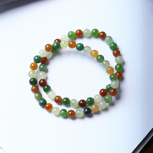 超值混搭 天然和田玉多宝色圆珠手链配碧玉糖料烟紫女单圈玉石