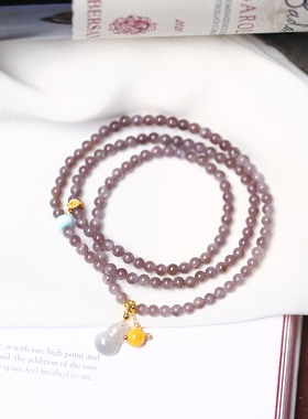 天然和田玉冰料烟紫圆珠原创搭配款三圈手链女款玉石多圈手串饰品