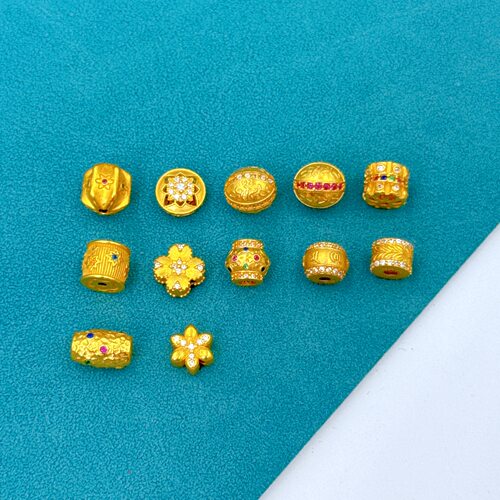 925古法银镀金配件錾刻拉丝镶嵌彩钻鼓珠桶珠小花diy手链串珠配件