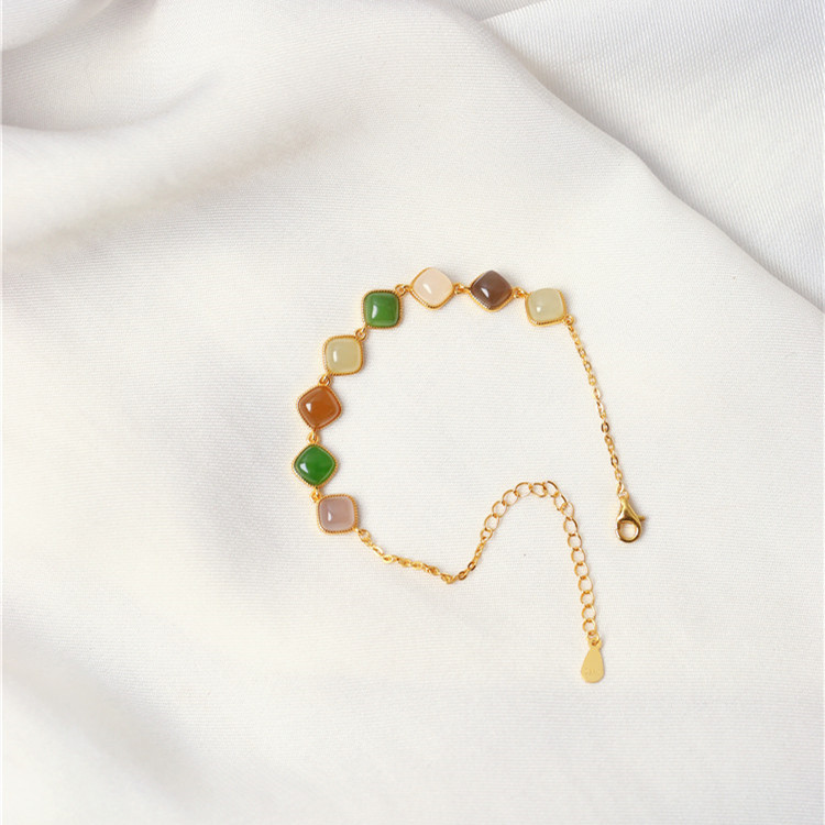 天然和田玉白玉碧玉糖料烟紫纯银镶嵌多宝色款手链女款时尚款饰品