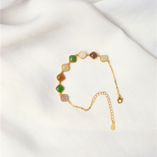 天然和田玉白玉碧玉糖料烟紫纯银镶嵌多宝色款手链女款时尚款饰品