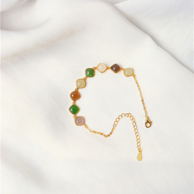 天然和田玉白玉碧玉糖料烟紫纯银镶嵌多宝色款手链女款时尚款饰品