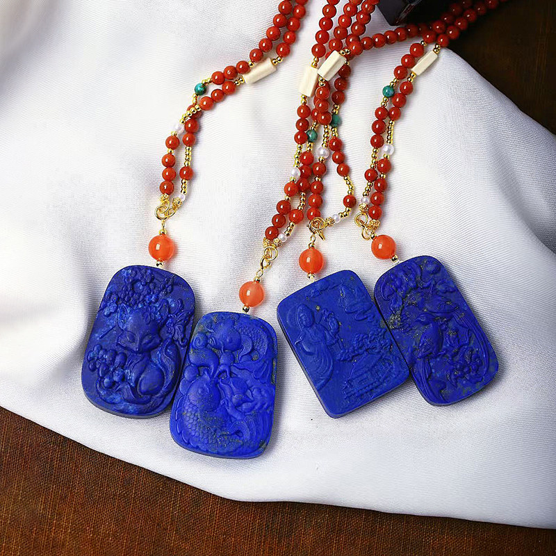 一物一图天然青金石雕刻款吊坠搭配南红链子原创款 女款水晶饰品
