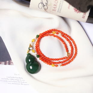 天然碧玉雕刻葫芦搭配南红玛瑙珠链原创款 玉石挂坠 吊坠毛衣链女款