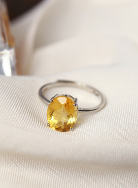 精品彩宝 天然黄水晶纯银镶嵌款戒指 女款简约彩宝戒指送女友礼物