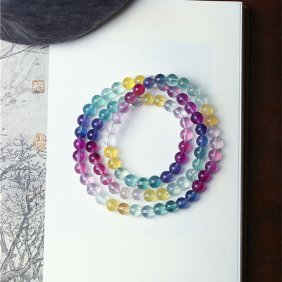 天然水晶冰透彩萤石三圈款手链女款萤石彩虹款多圈饰品送女友礼物