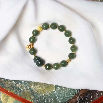 天然和田玉青黄口料圆珠搭配小貔貅原创搭配款手链 女款玉石手串