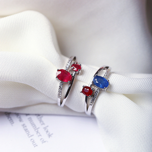 精品彩宝 天然红宝石蓝宝石纯银镶嵌戒指女款彩宝戒指饰品礼物