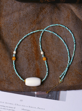 天然猛犸象牙桶珠搭配绿松石链子原创款吊坠锁骨链男女款文玩饰品