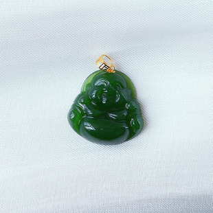 玉石K金挂坠饰品 女款 天然俄罗斯碧玉18K金扣头镶嵌弥勒佛款 吊坠